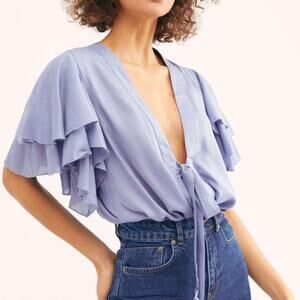 Intimately by Free People Call Me Later Ruffle Plunge Bodysuit Blue XS EUC